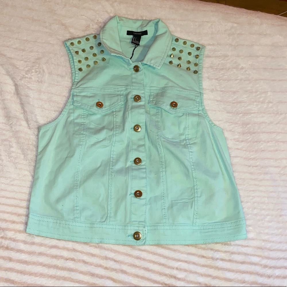 Blue Studded Button Up Vest